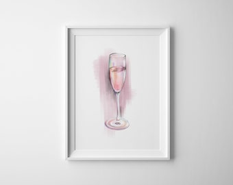 Impression d'art champagne no 1, croquis de vin, décoration de chariot de bar, illustration de champagne pétillant, cadeaux pour les amateurs de vin, vin mignon, rosé toute la journée