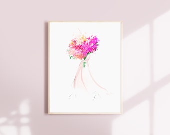 Woman with Bouquet no 1 Fine Art Print Fashion Illustration, Fashion Sketch, Flowers, Watercolour Illustration, Pretty Poster, Floral Art
