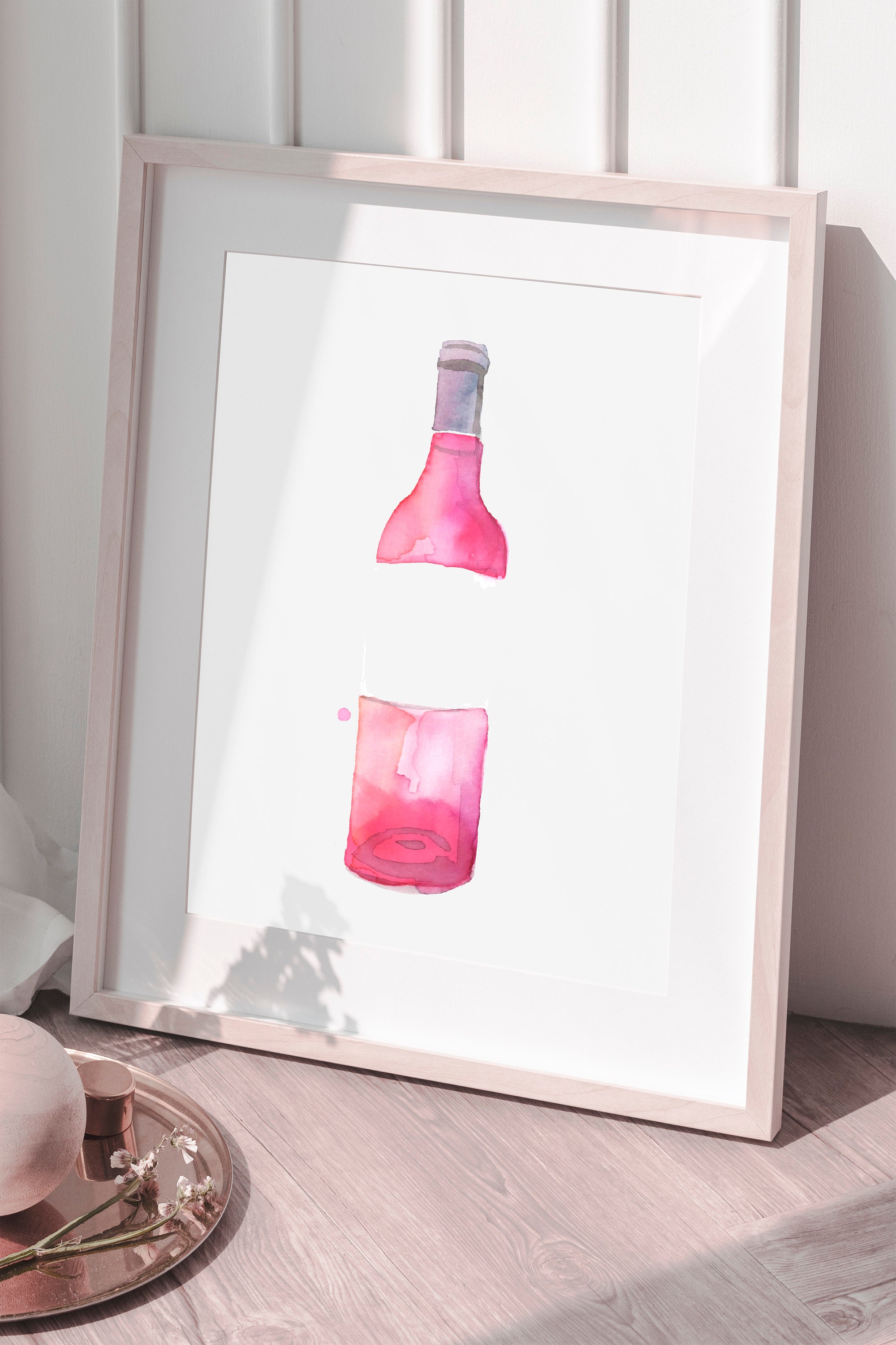 Rosé Wine Bottle No 4 Watercolour Fine Art Print, Wine Painting, Bar