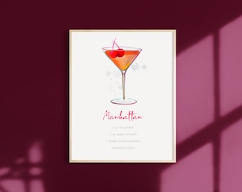 Recette de cocktail Manhattan, recette de boisson à l’aquarelle, art de cocktail à l’aquarelle, décor de cuisine, décor de chariot de bar, affiche de cocktails classiques