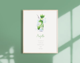 Recette de cocktail Mojito, recette de boisson à l’aquarelle, art de cocktail à l’aquarelle, décor de cuisine, décor de chariot de bar, affiche de cocktails classiques