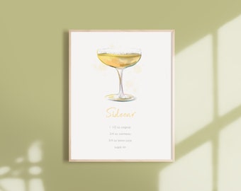 Recette de cocktail de side-car, Recette de boisson à l'aquarelle, Art aquarelle de cocktails, Décoration de cuisine, Décoration de chariot de bar, Poster de cocktails classiques