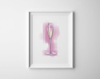 Impression d'art Champagne no 3 — Impression de champagne — Art de bar — Bouteille de champagne — Verres à champagne — Art mural de cuisine — Impression giclée d'art — Chariot de bar