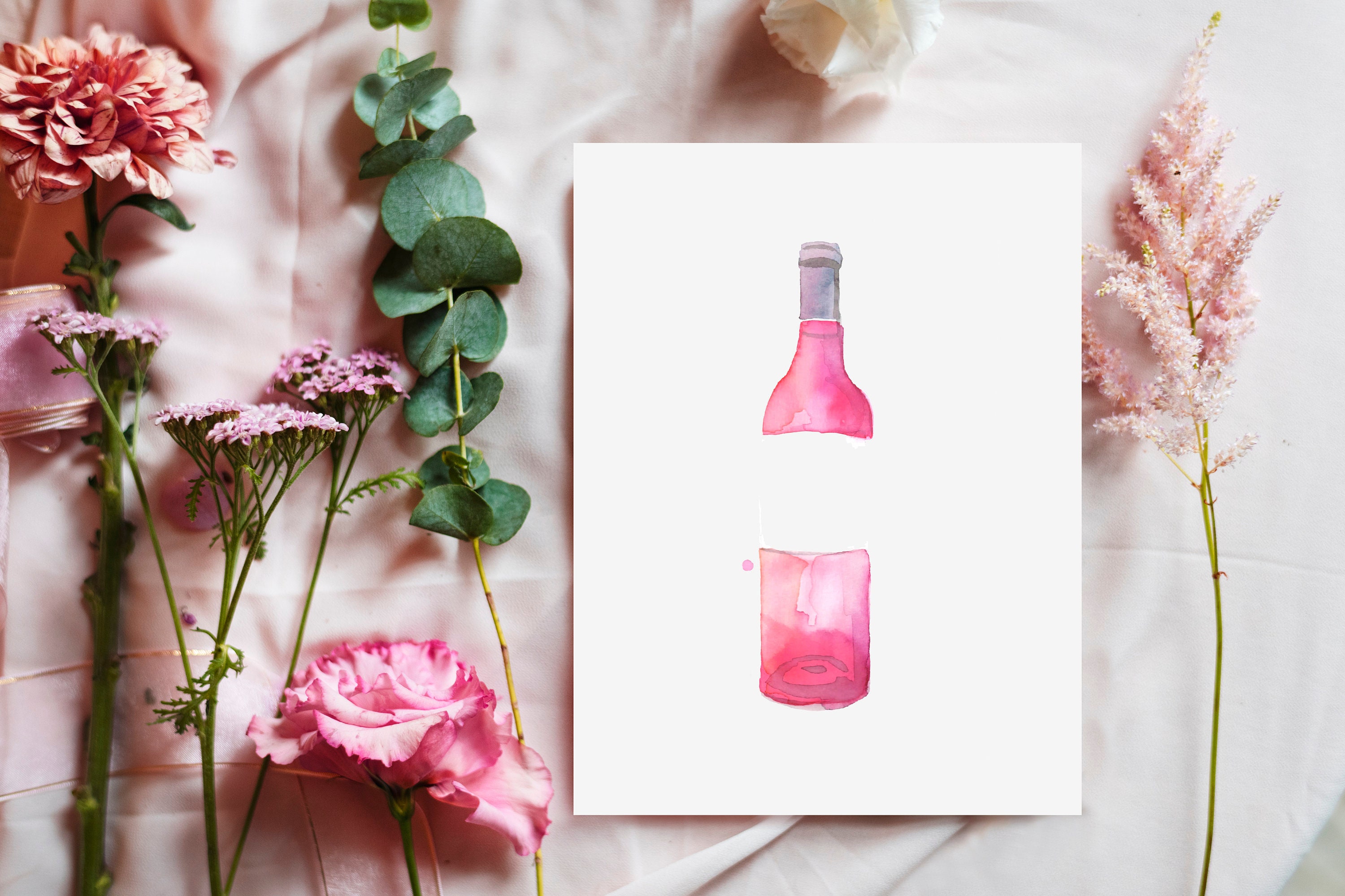 Rosé Wine Bottle No 4 Watercolour Fine Art Print, Wine Painting, Bar