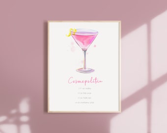 Recette de cocktail cosmopolite, recette de boisson à l’aquarelle, art de cocktail à l’aquarelle, décor de cuisine, décor de chariot de bar, affiche de cocktails classiques