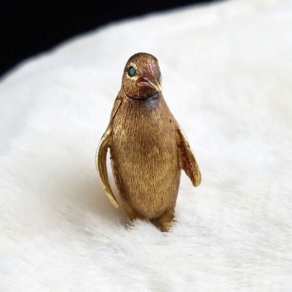 Vintage Brass Penguin with Green Glass Eyes and Textured Fur