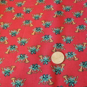 Vintage Christmas Red fabric with gold French horns, green bows, greenery, 1 yard