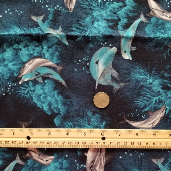 Fabri-Quilt Dolphin Ocean Underwater navy Blue Sea Fabric, Fashion Avenue Design 7153, cotton novelty material by the piece