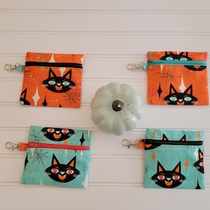 Small Clip on Change Purse, zip bag, handmade with cute Halloween black cats on retro looking teal or orange fabric, 4.25 x 4.75 inches