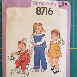 Vintage Original New UNCUT 1978 Simplicity 8716 Jiffy Sewing Pattern Toddler Size 2 & 3, Jumper, Top, Pants, easy cut, easy sew