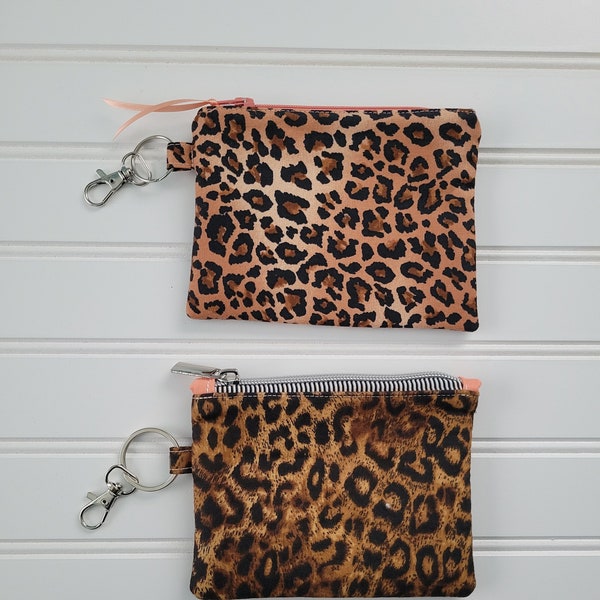 Handmade small leopard print zipper case, Clip on Change Purse, zip bag, approximately 6 x 4.5 inches