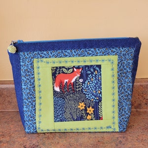 Whimsical fox and woodsy floral fabric quilted zipper pouch, handmade, 7 inches tall, 8 inches wide, 2.5 inches deep