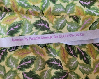 Jasmine by Pamela Mostek for Clothworks, vintage floral leaves in shades of green on creamy yellow fabric, one yard, 36 x 42 inches