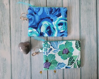 Handmade Floral Zipper Pouch: Blue & Aqua Coin Purse with Clip