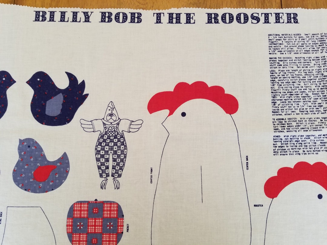 Vintage Billy Bob Rooster Fabric Panel: DIY Sewing Craft - Etsy