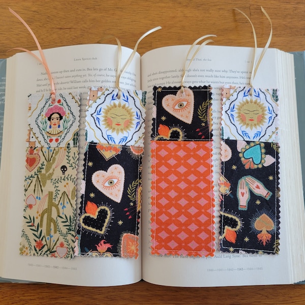 Frida Kahlo inspired fabric bookmarks, made with Dear Stella Viva la Vida fabric, cactus, hearts, suns