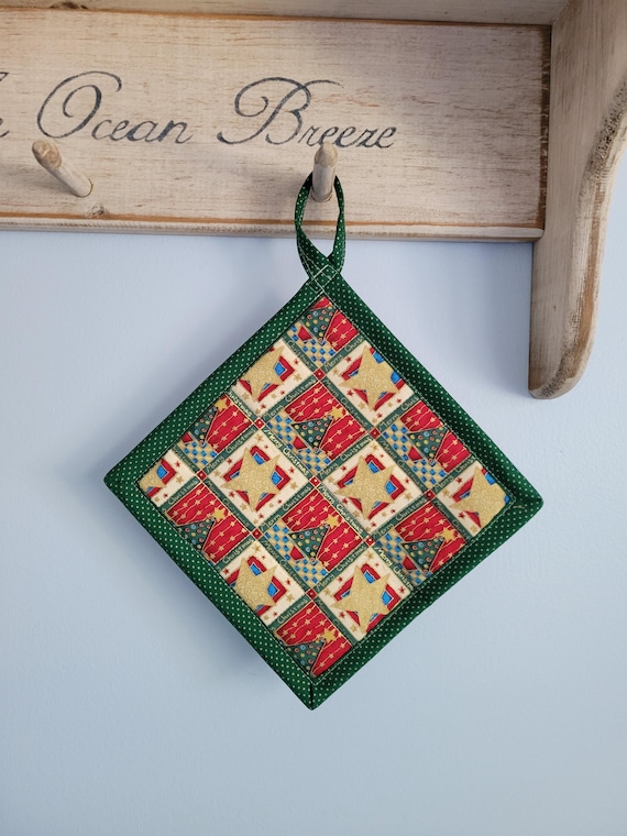 Handmade quilted insulated potholders with Christmas trees, loop for hanging, 7.5 inch square