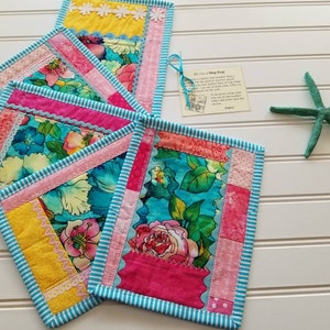 Beautiful quilted mug rugs, snack mat, gorgeous flowers with lace and rick rack, approximately 6.5 x 8.5 inches, bigger than a coaster