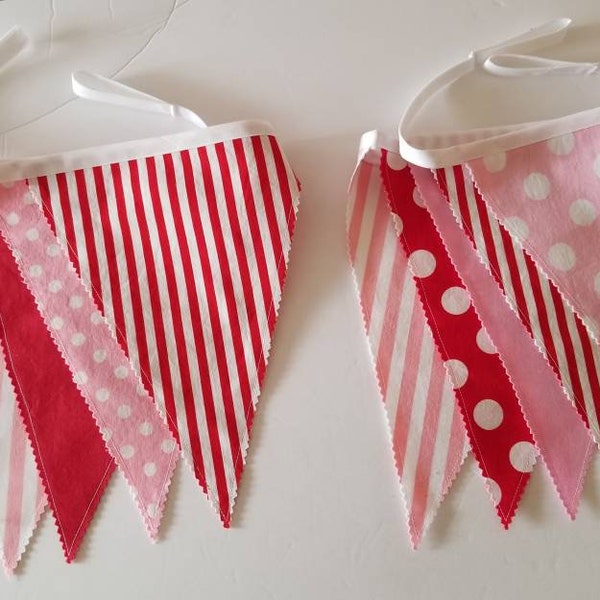 Pink, red and white fabric banner with 5 flags each in solids, dots and stripes, 56 inches long, handmade, reversible