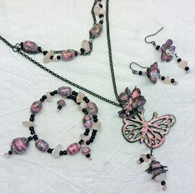 Paper Bead Necklace. Paper Bead Bracelet. Paper Bead Earrings. Rose Quartz Accents. Pink and Black. FREE Can/US shipping image 2