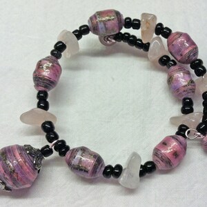Paper Bead Necklace. Paper Bead Bracelet. Paper Bead Earrings. Rose Quartz Accents. Pink and Black. FREE Can/US shipping image 4