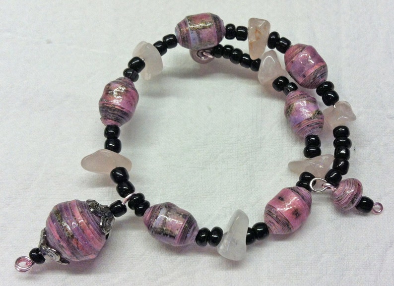 Paper Bead Necklace. Paper Bead Bracelet. Paper Bead Earrings. Rose Quartz Accents. Pink and Black. FREE Can/US shipping image 4