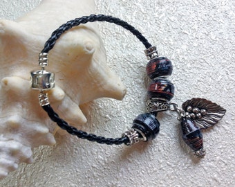 パンドラ純正編み込みレザーTバーブレスレット - 22 cm / 8.6インチ