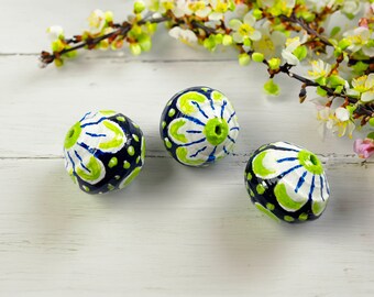 Large Paper Beads. Hand Painted. One Set of Three Focal Beads. Navy, green, white. Use in jewelry, macrame, journals, keys, handbags.