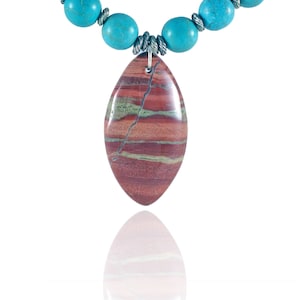 Dark Red Rainbow Jasper Pendant Necklace Set, Teal Green Magnesite Beads, Natural Redline Marble Beads FREE Can/US shipping
