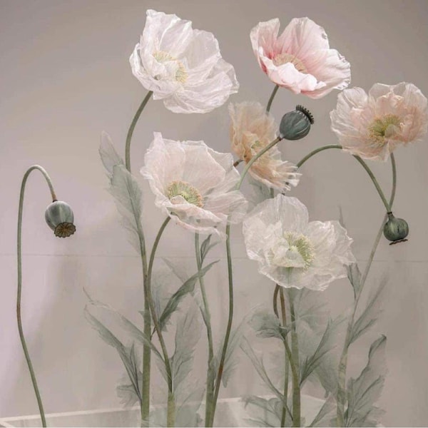 Splendido Paese delle Meraviglie Floreale, 6 Papaveri Giganti in Organza con 3 Boccioli, Decorazione di Sfondo con Fiori di Grandi Dimensioni, Design di Eventi e Finestre