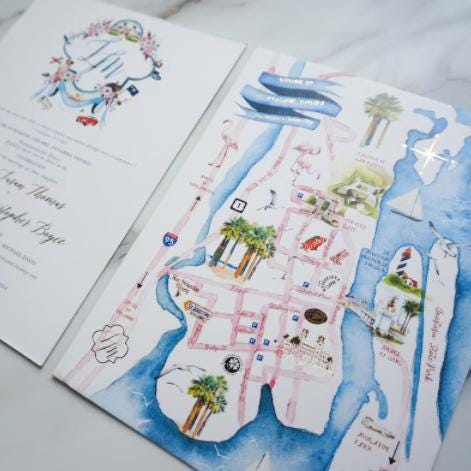 Custom Watercolor Illustration Wedding Invitation, Hand-drawn Venue Map ...