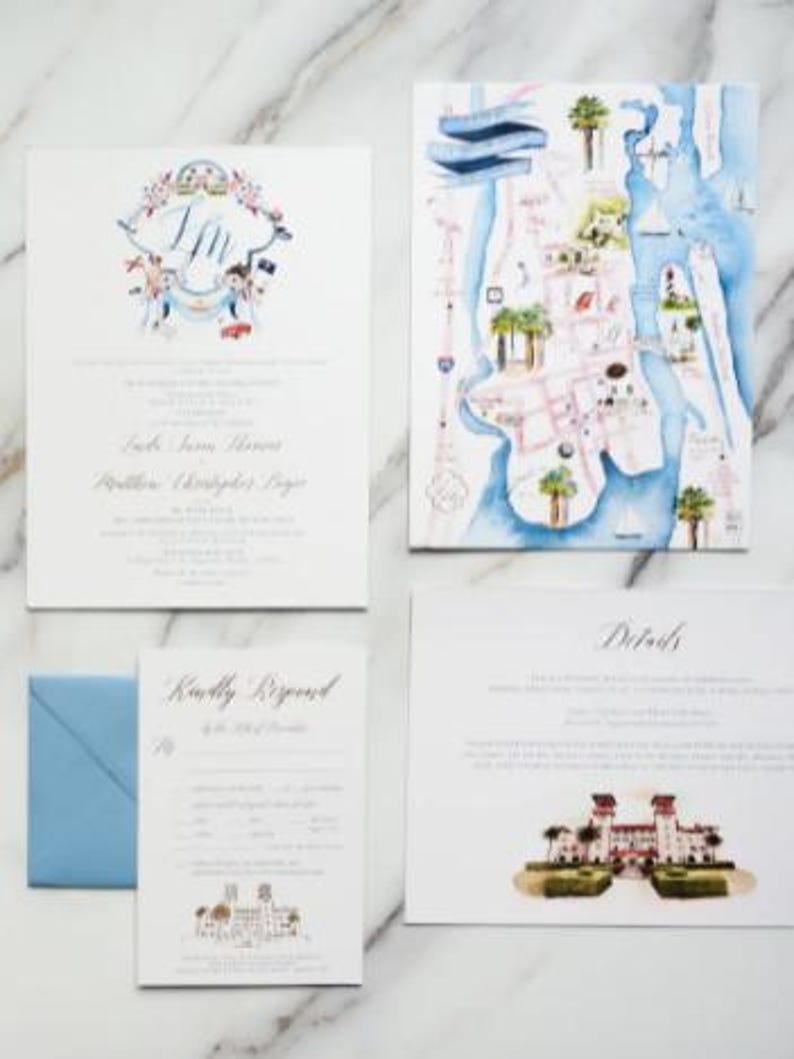 Custom Watercolor Illustration Wedding Invitation, Hand-drawn Venue Map ...