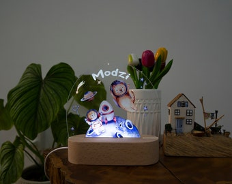 Adorable Astronaut Cat Night Lamp, Custom Kid Name Bedside Lamp, Cute Nursery Decor, Newborn Gift, Easter Gift