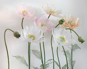 Stunning Floral Wonderland, 6 Organza Giant Poppies with 3 Buds, Oversized Flowers Backdrop Decoration, Event & Window Design