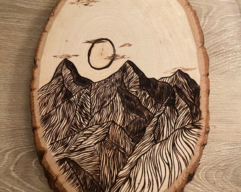 Pyrographie Sur Bois - Tableau Montagnes D'hiver - Décoration Murale Artisanale