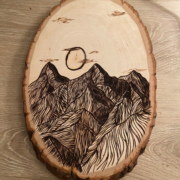 Wood Burning Mountain Scene