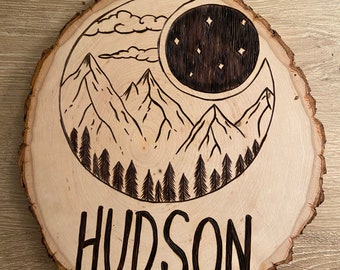 Personalized Mountain Scene Woodburning