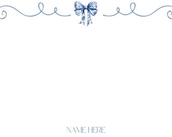 May include: A blue and white patterned bow with a decorative swirl design at the top and bottom. The text "NAME HERE" is at the bottom of the image.