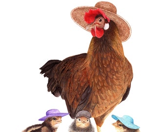 No.30 - "Hen & Chicks with Hats" - high-quality 8x10" giclée fine art print, signed by artist