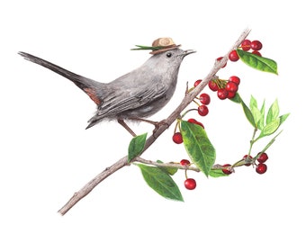 No.28 - "Grey Catbird with Trilby" - high-quality 8x10" giclée fine art print, signed by artist