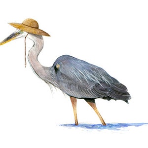 No.20 - "Great Blue Heron with Straw Hat" - high-quality 8x10" giclée fine art print, signed by artist