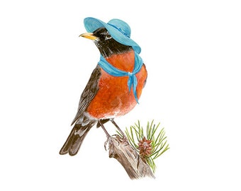 No.18 - "American Robin with Floppy Hat" - high-quality 8x10" giclée fine art print, signed by artist