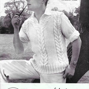 May include: A white sleeveless V-neck sweater vest featuring a vertical cable knit pattern and ribbed hem. The garment is displayed on a vintage pattern cover with text reading No. 1027, 38-40 ins., FISHERKNIT WOOL, and Templeton. The design is textured.