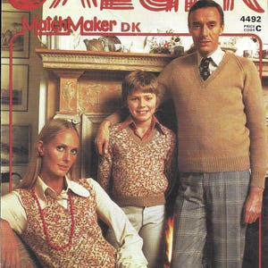 May include: A vintage Jaeger MatchMaker DK knitting pattern booklet featuring a tan V-neck sweater, a patterned vest, and a matching patterned sweater. The cover displays the text JAEGER, MatchMaker DK, 4492, and PRICE CODE C in red and black.