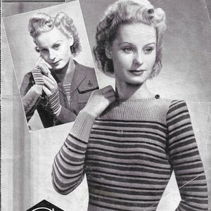 May include: A vintage Bestway knitting pattern leaflet No. 728 for a striped jumper and gloves. The black and white cover features a person wearing the knitted striped long-sleeve jumper with a ribbed neckline and a single button detail.