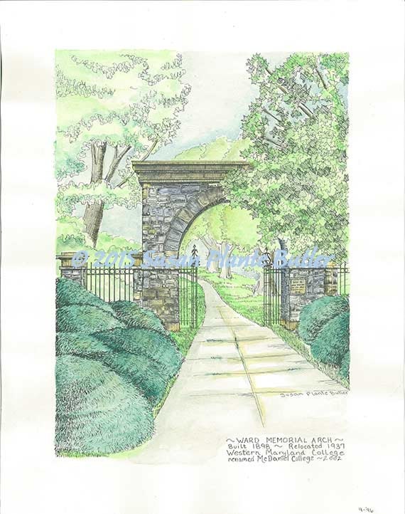 Ward Memorial Arch, McDaniel College, Westminster, MD - 11"x14", B/w or Hand watercolored print