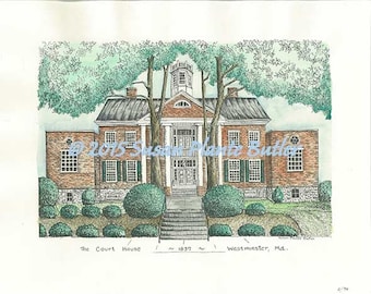 The Courthouse 1837, Westminster, Maryland, 11 x 14, hand water colored, pen & ink print