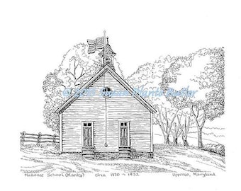 Mallonee Schoolhouse, circa 1870 - 1932, Upperco, MD, 11&quot; x 14&quot; signed b/w pen & ink print.