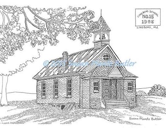 Lineboro School No 15 1905 Lineboro, Maryland, 11 x 14, signed, b /w pen & ink print