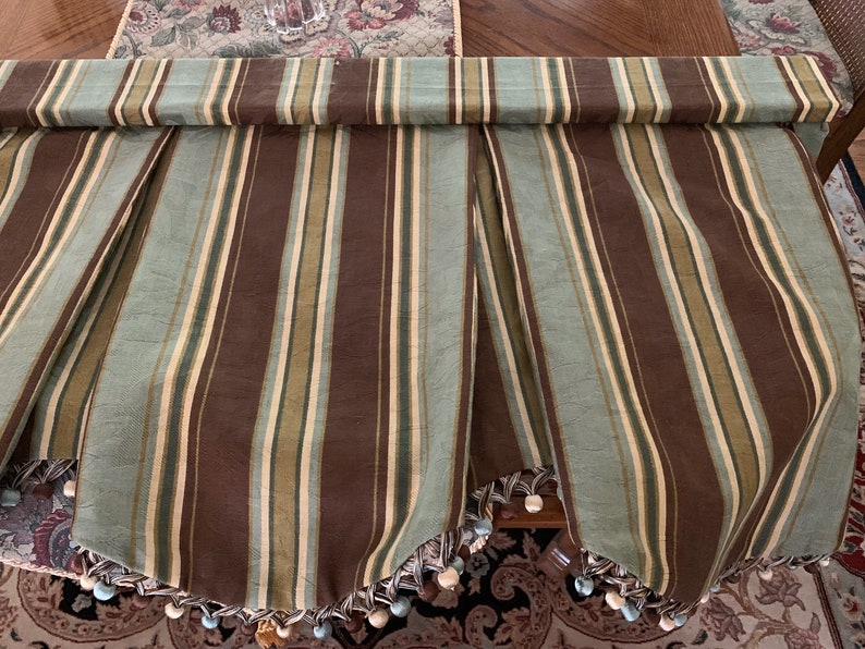 Tailored brown robbins egg blue paisley pattern flat squire imperial board mounted valance with ball fringe lined
